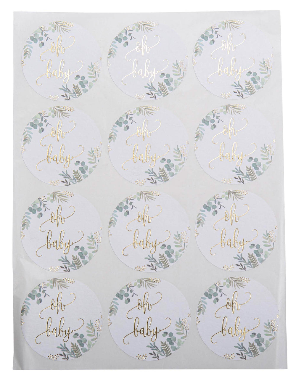 Stickers ronds Oh Baby végétal pour baby shower blanc et or avec motif feuillage