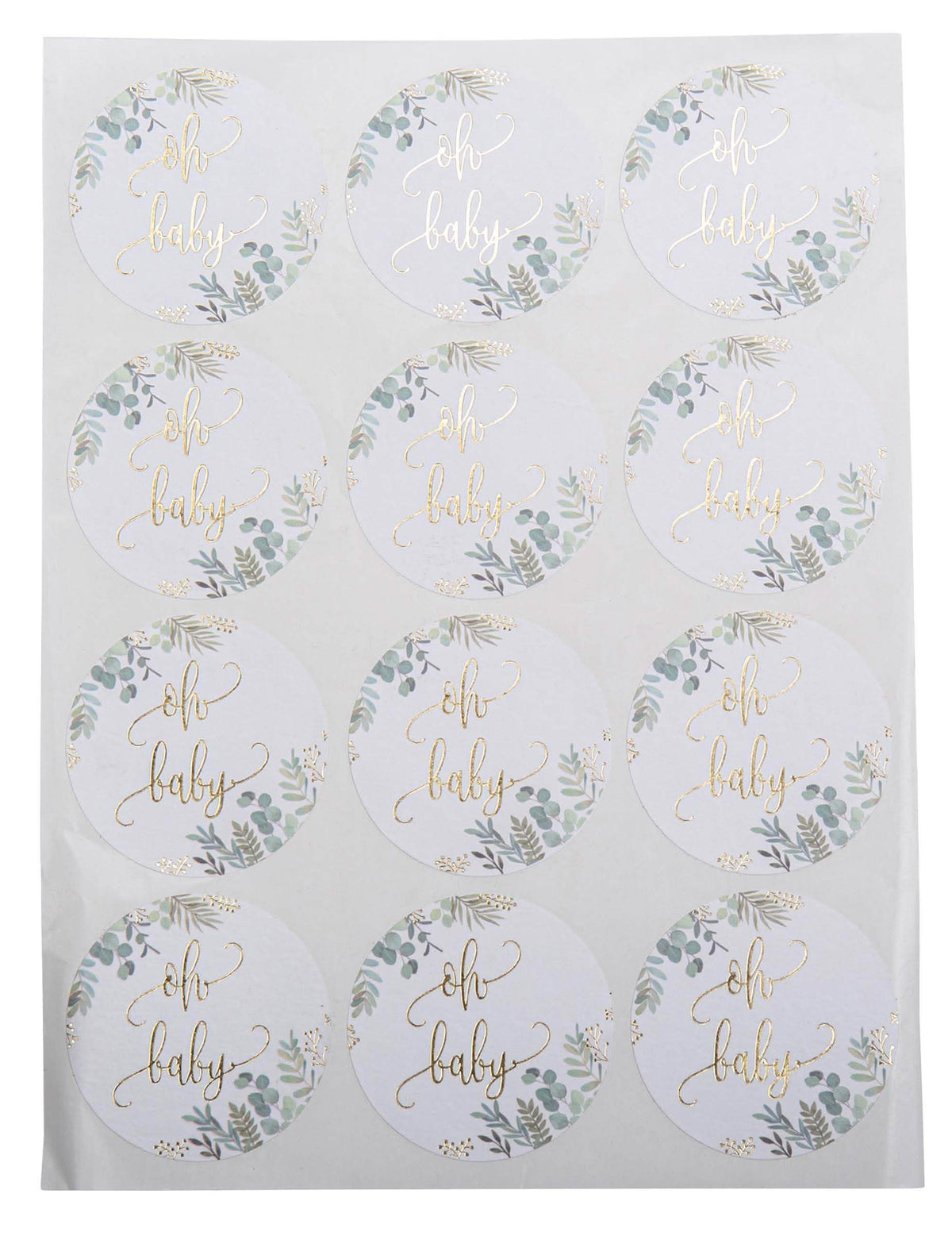Stickers ronds Oh Baby végétal pour baby shower blanc et or avec motif feuillage