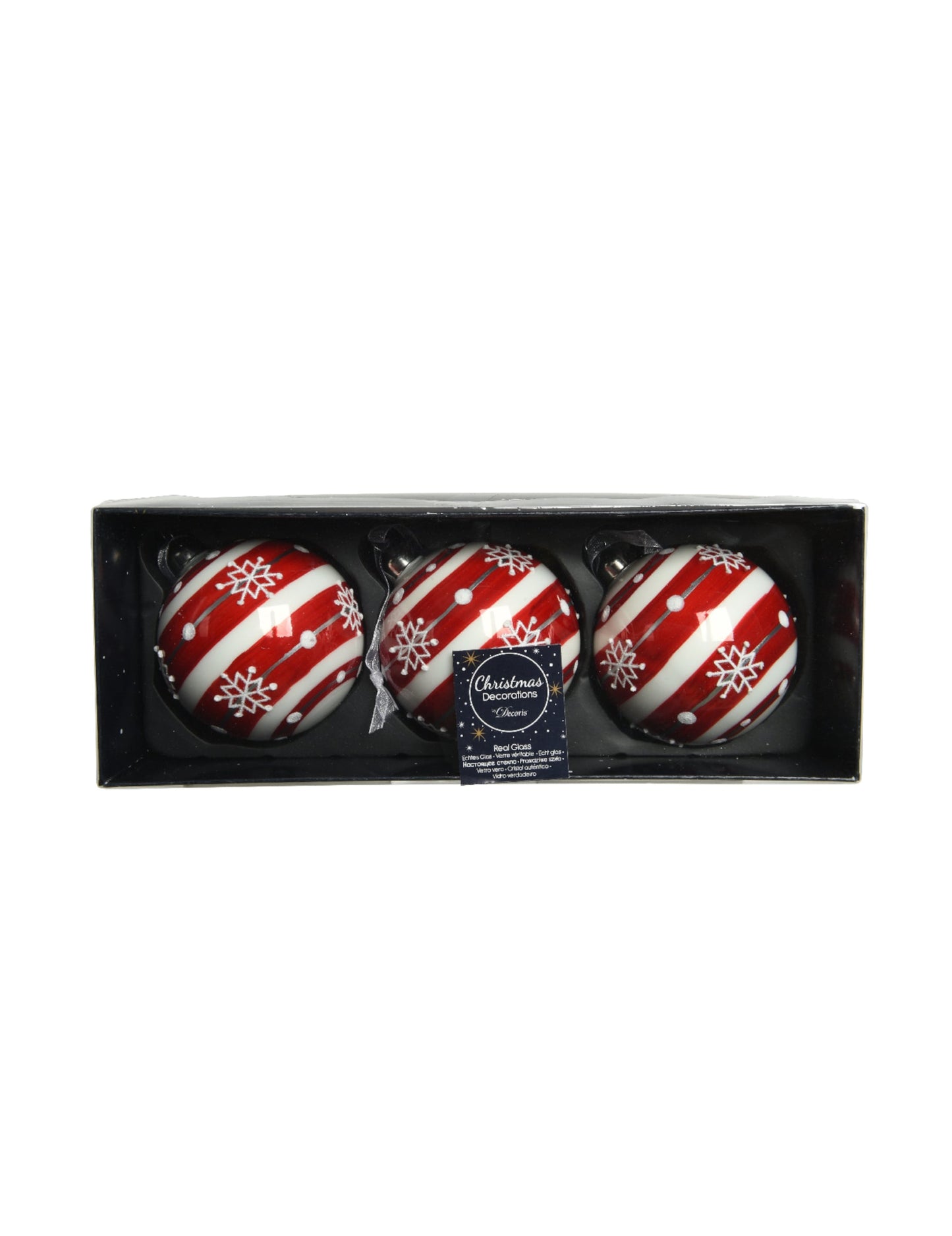 Coffret de présentation des boules de noël en verre flocons pour sapin rayées rouge et blanc