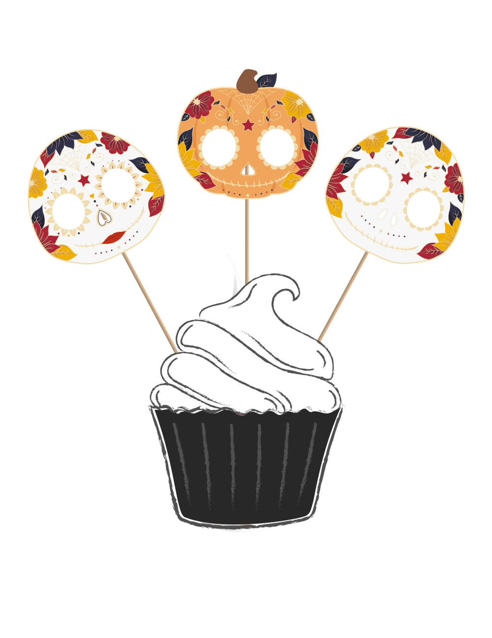 3 cake toppers en bois Dia de los Muertos calaveras et citrouille blanc et orange