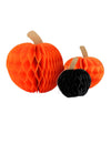 3 oranssia ja mustaa kennopaperikurpitsaa 10 cm 13 cm ja 18 cm