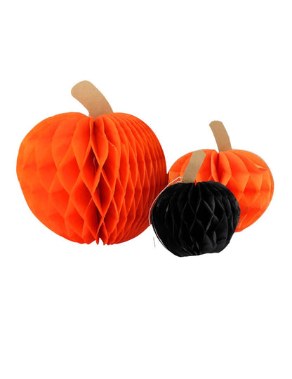 3 oranssia ja mustaa kennopaperikurpitsaa 10 cm 13 cm ja 18 cm
