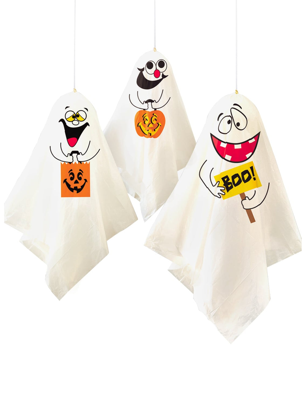3 fantômes à suspendre Halloween blancs avec citrouille et motifs humoristiques