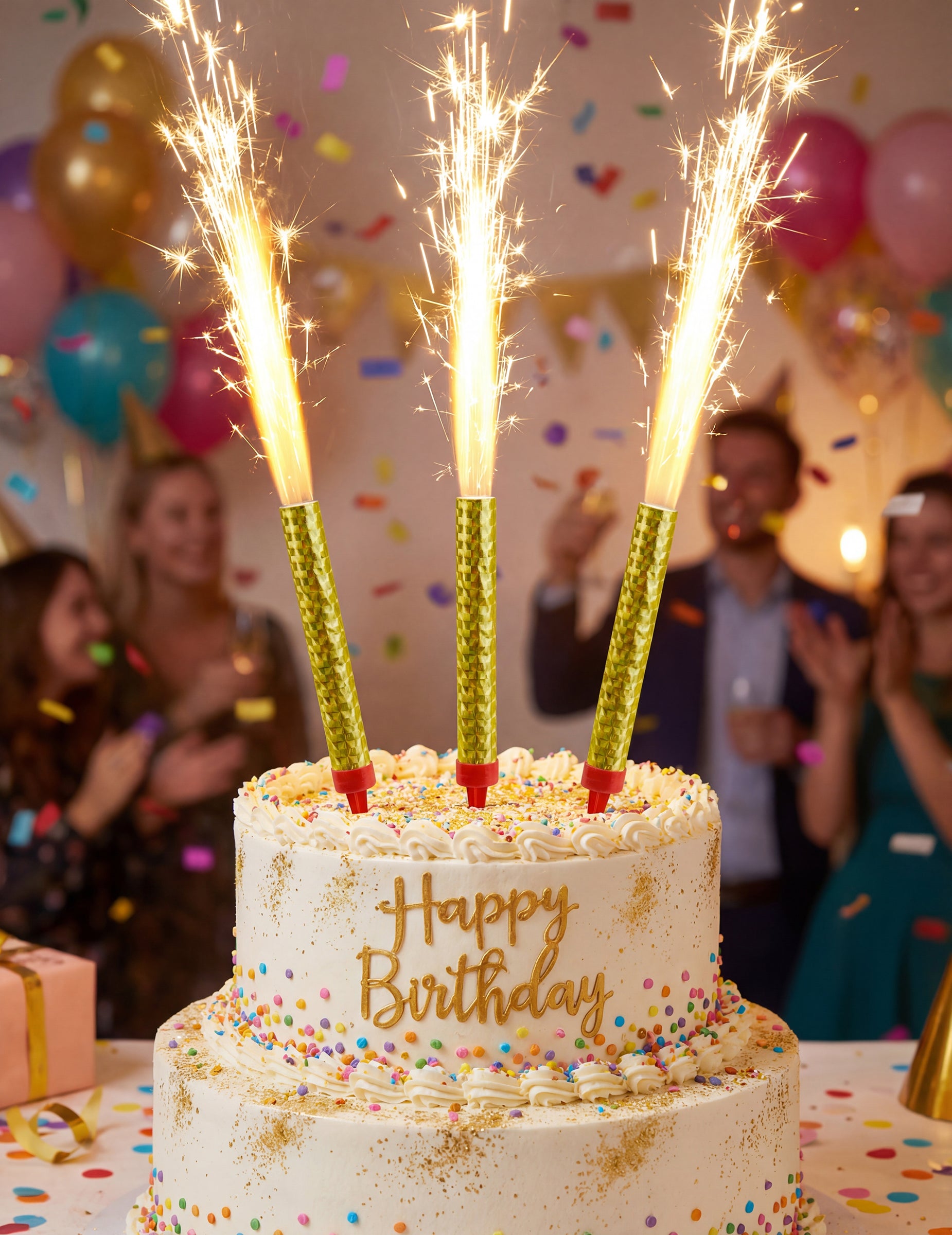 Fontaines lumineuses dorées pour gâteau d'anniversaire avec étincelles