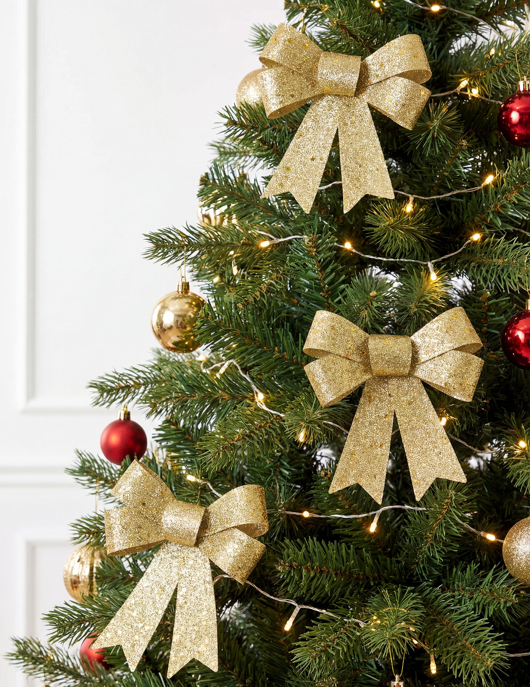 Mise en situation sur un sapin de Noël du lot de 3 nœuds à paillettes pour décoration dorés