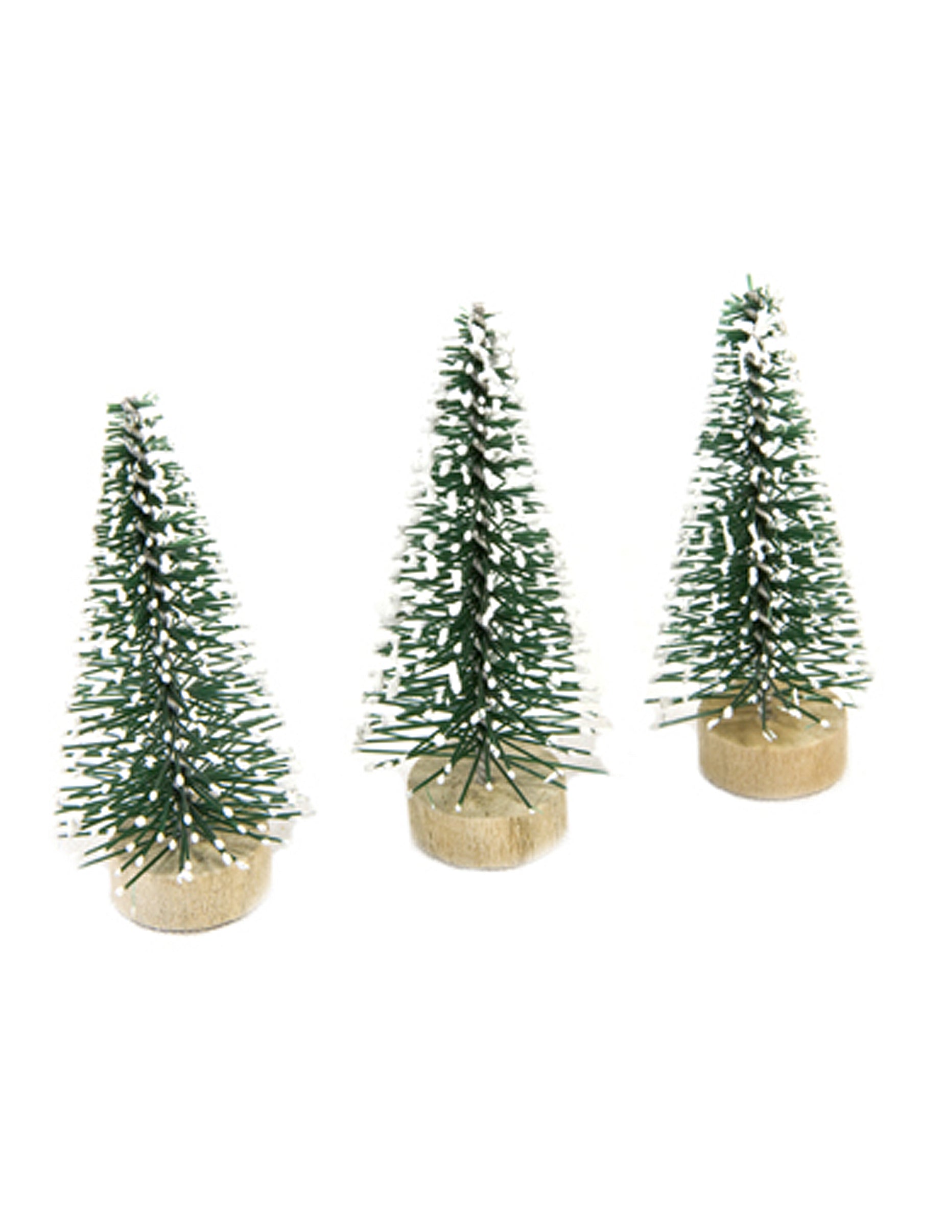 Petits sapins artificiels de Noël pour décoration verts avec pointes blanches et socle en bois