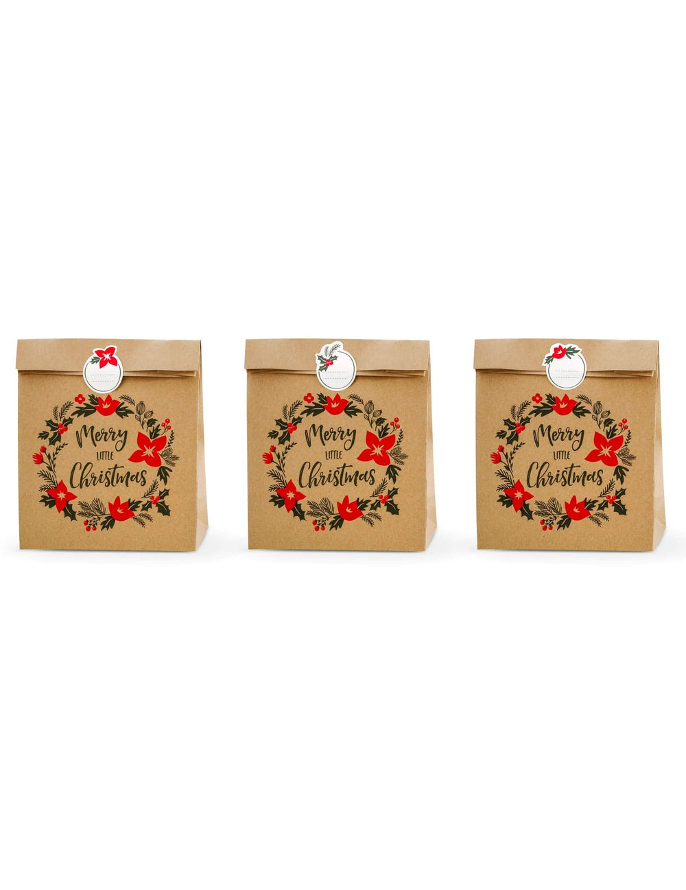Sacs cadeaux Merry little christmas pour Noël en kraft brun avec stickers