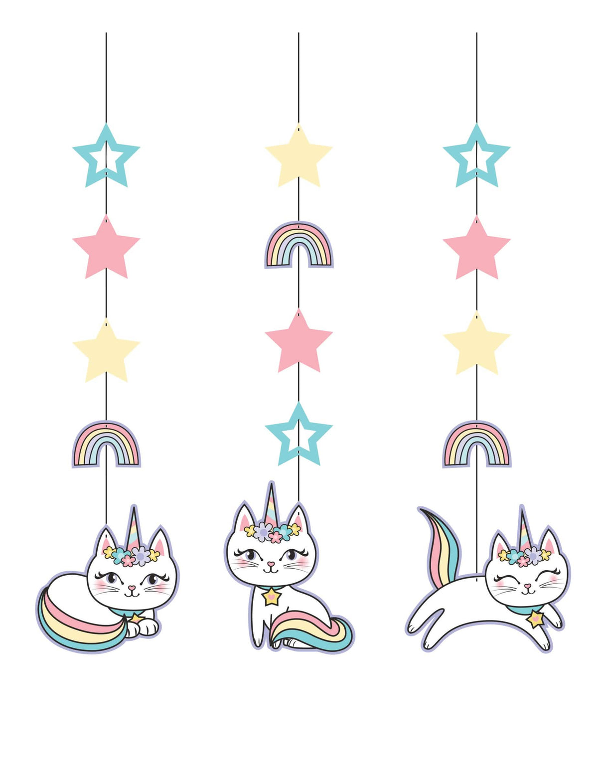 Kartonkiset caticorn-naamiaiset synttärit pastelliväreissä, tähdillä ja sateenkaarilla