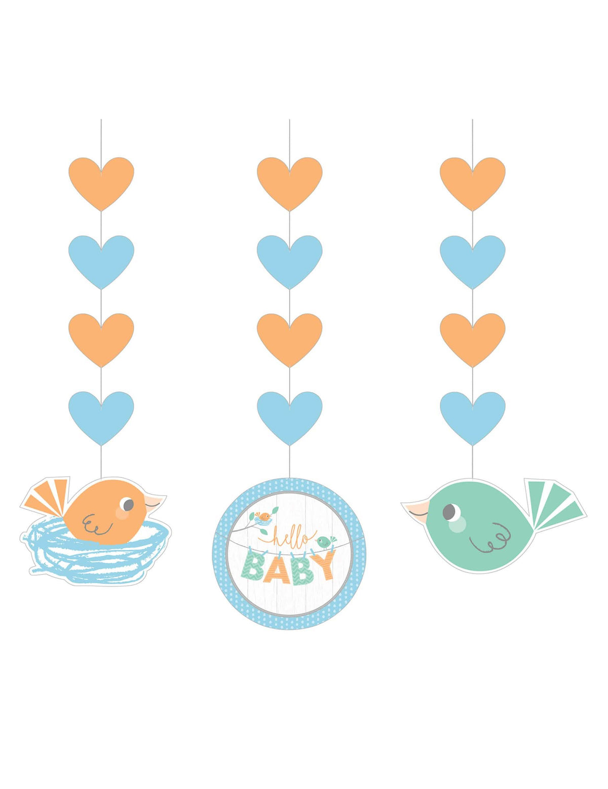 3 suspensions en papier Hello Baby pour baby shower bleues et orange avec oiseaux et cœurs