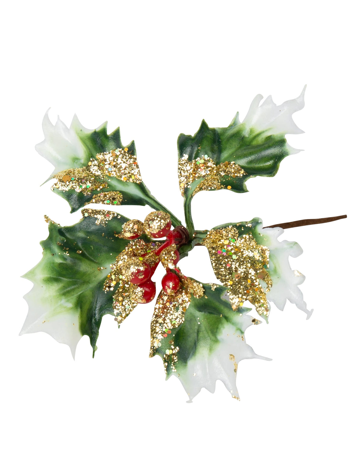 Branches de houx sur tige de Noël avec paillettes or et baies rouges