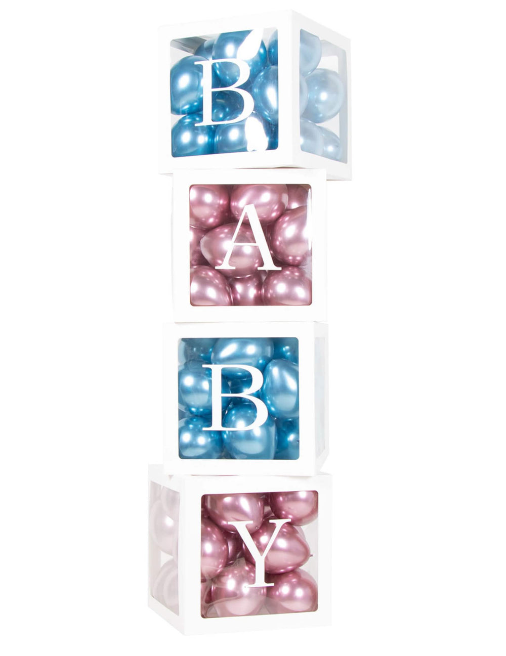 Cubes à ballons en carton baby pour baby shower blancs avec ballons roses et bleus