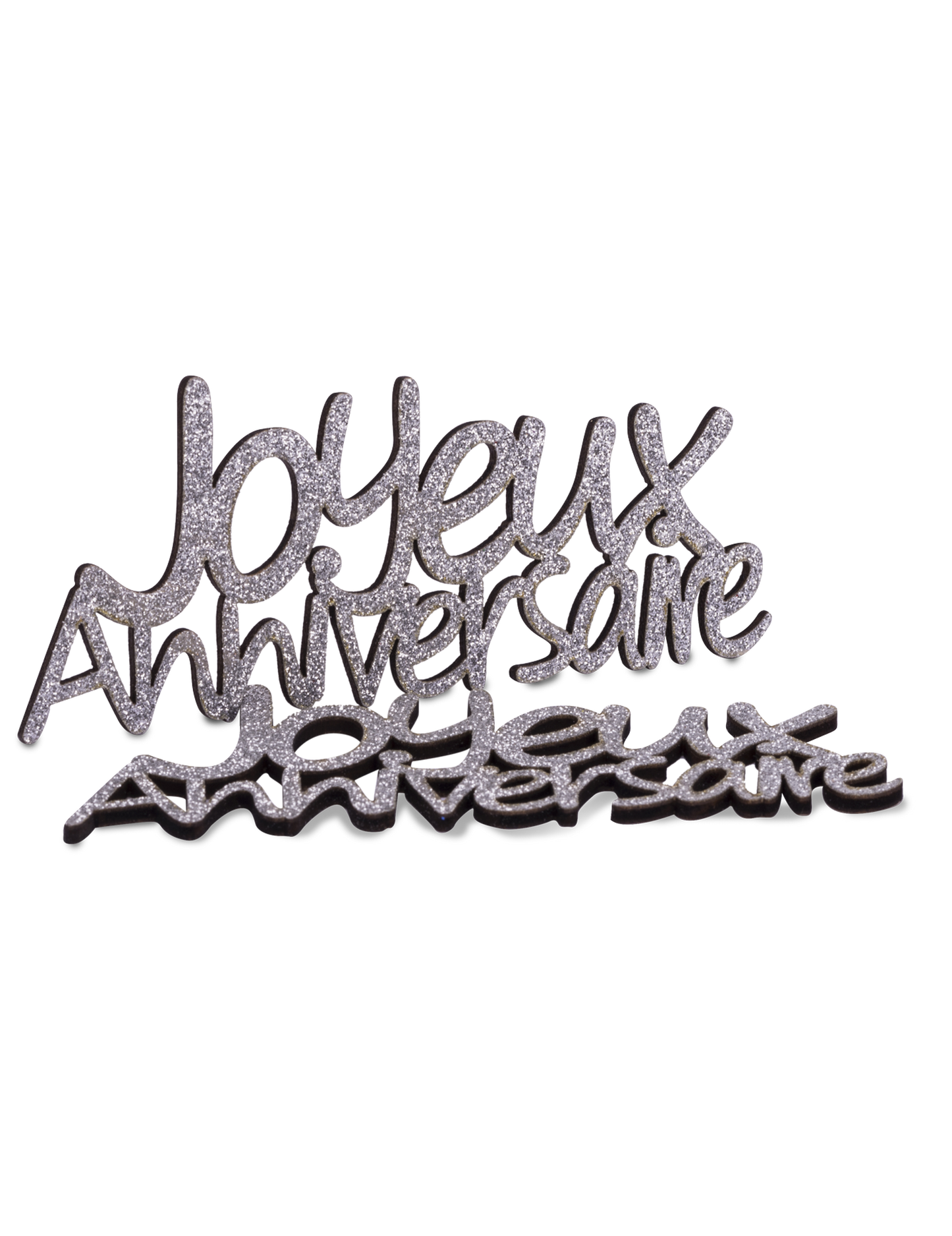 Décorations en bois Joyeux Anniversaire pour table chic argentées pailletées