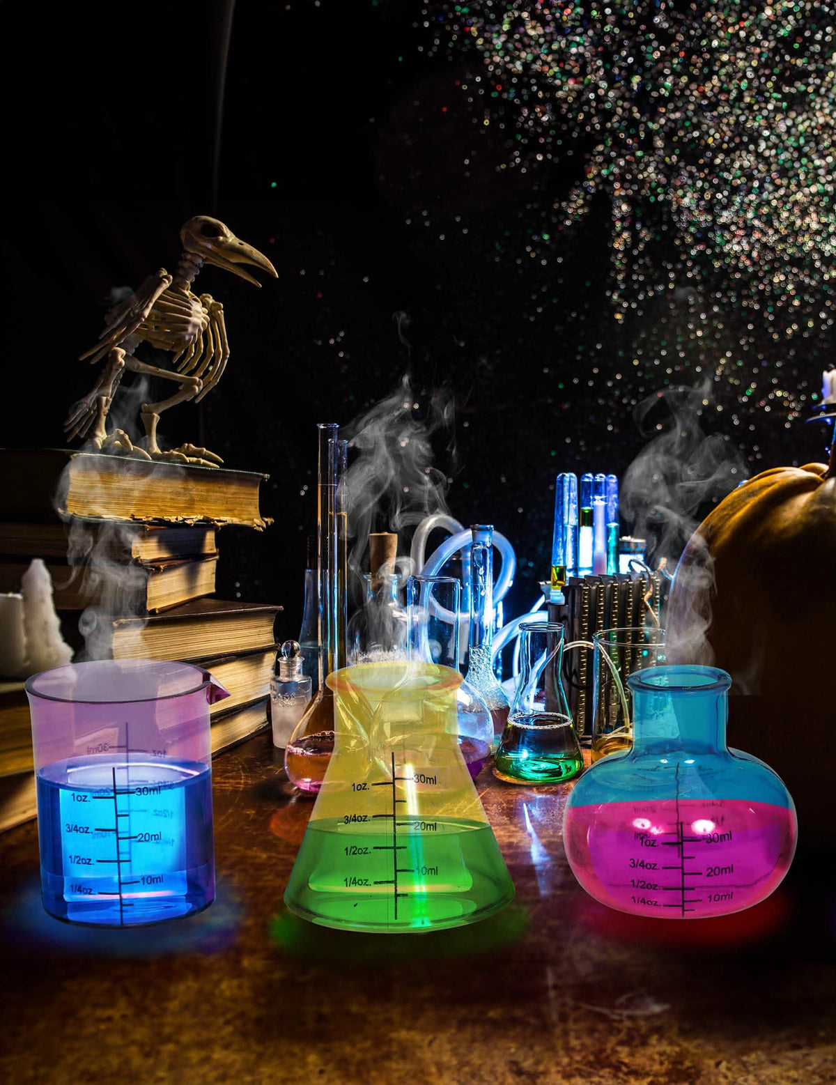 Mise en scène des faux béchers de laboratoire pour fête multicolores