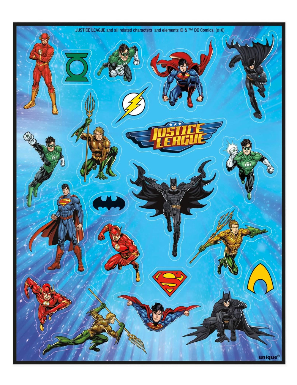 Justice League -tarrojen moniväriset arkit Supermanin, Batmanin ja Flashin kanssa