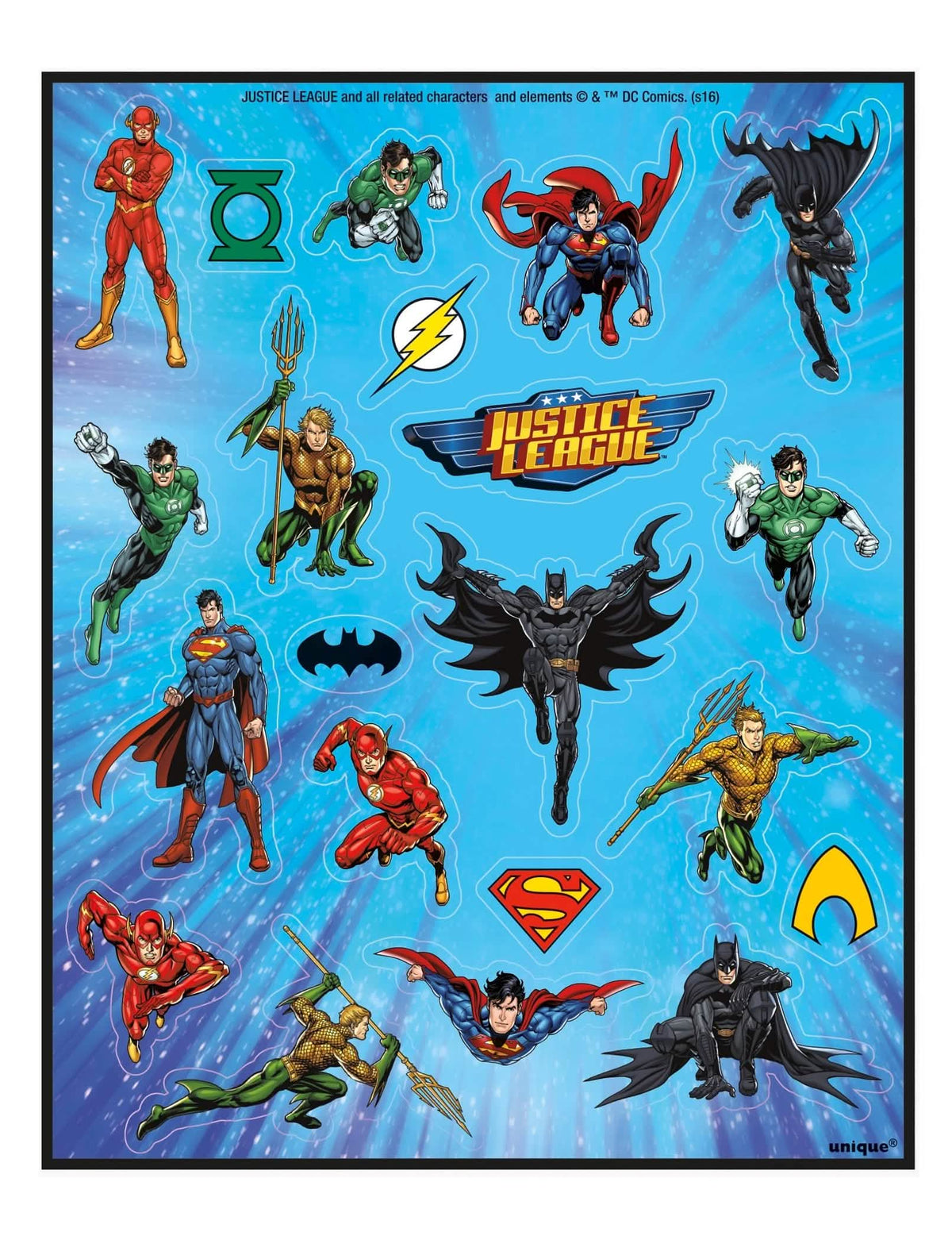 Justice League -tarrojen moniväriset arkit Supermanin, Batmanin ja Flashin kanssa