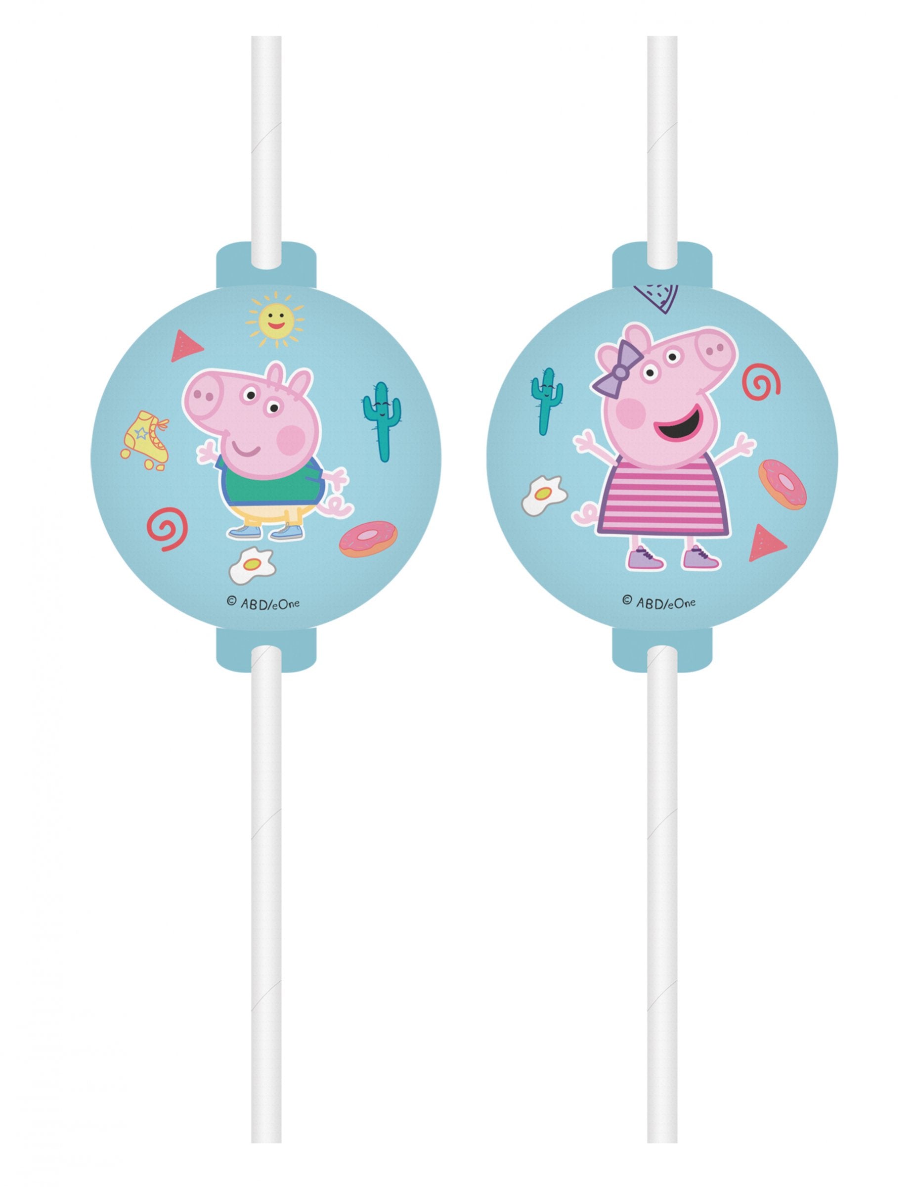 Pailles médaillon Peppa Pig pour enfant bleues avec George et Peppa Pig