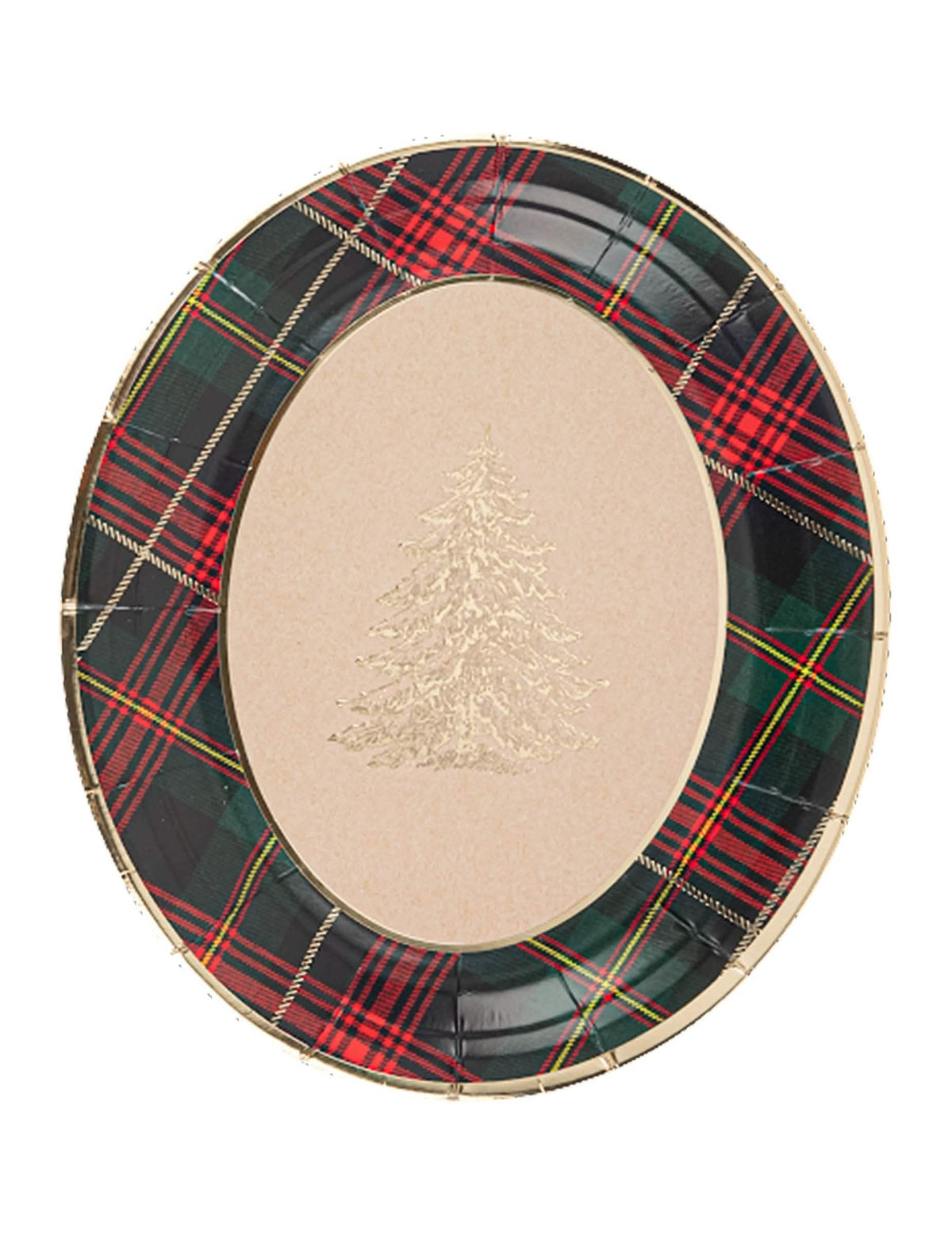 Plateaux en carton tartan de Noël pour fête ovales rouge et vert avec sapin doré