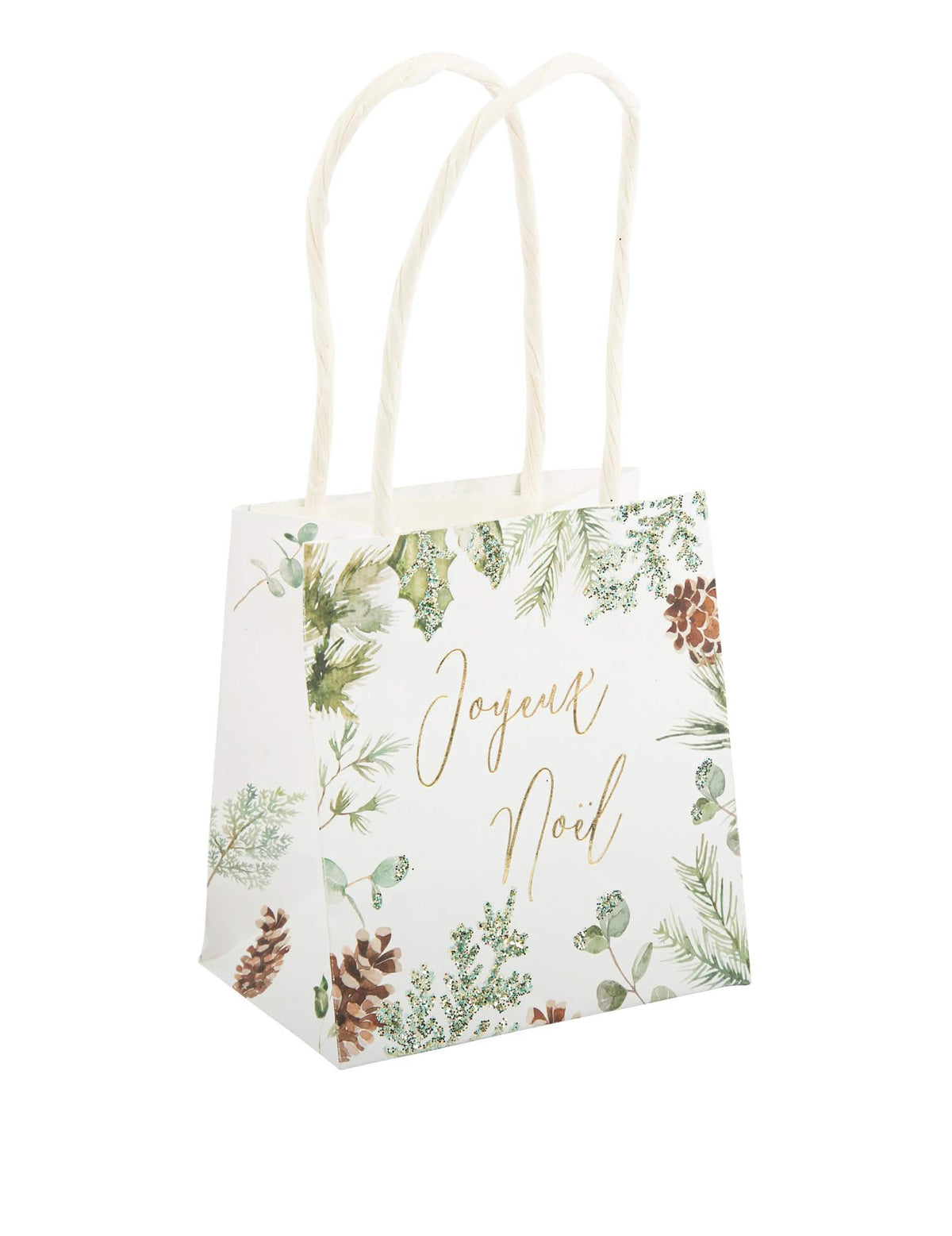 Sac Joyeux Noël forêt enchantée blanc avec anses et motifs de pins pailletés