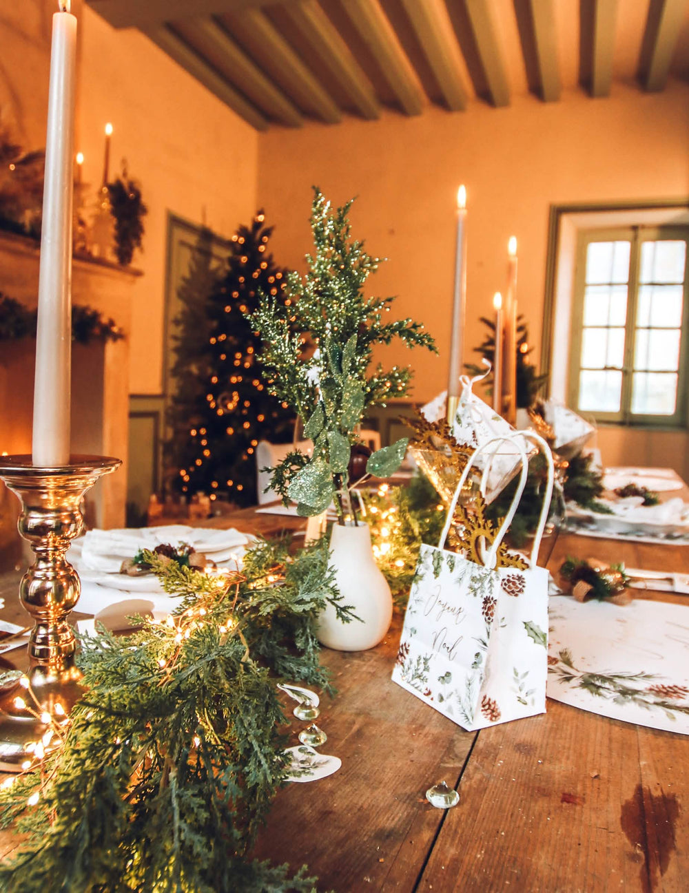 Décoration de table de fête du sac Joyeux Noël forêt enchantée