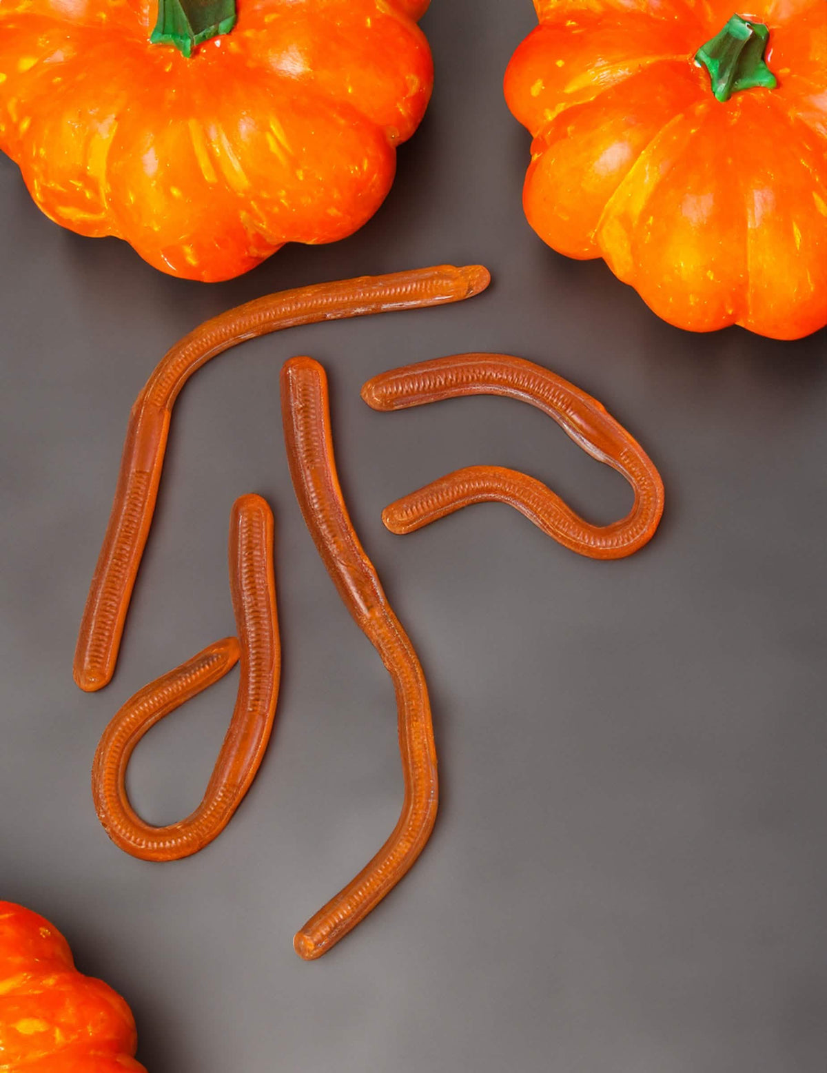 Mise en scène avec citrouilles des 4 vers de terre gluants pour farce et attrape