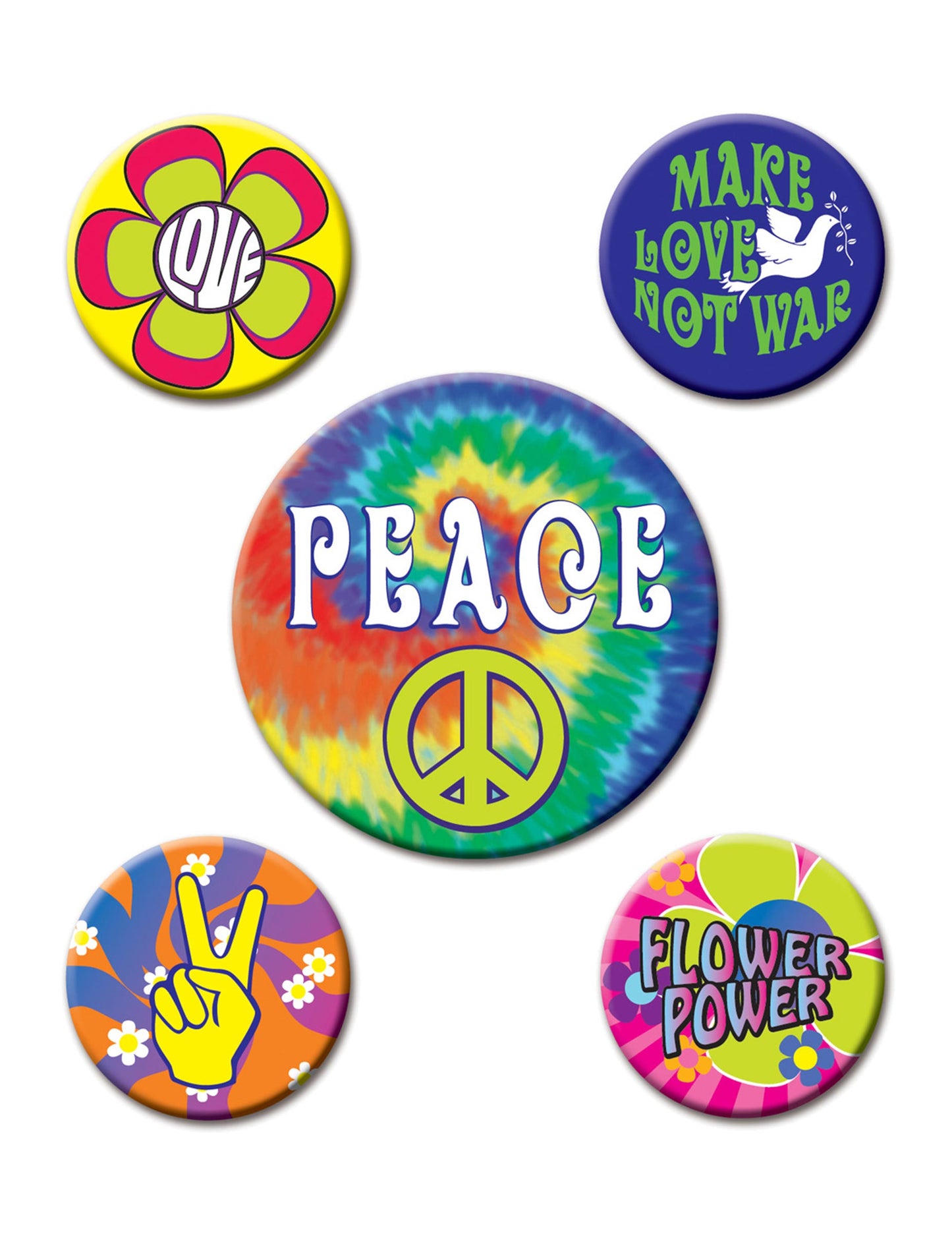 Lot de 5 badges 60's Hippies pour adulte multicolores psychédéliques