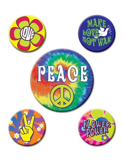 Lot de 5 badges 60's Hippies pour adulte multicolores psychédéliques
