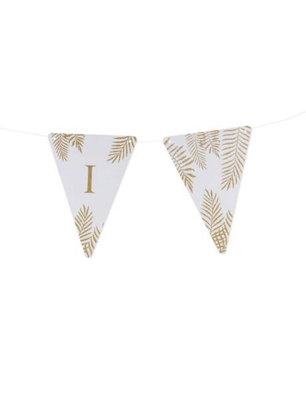 Détail de la lettre I et des motifs des fanions lettres thème fougères blanc et paillettes dorées