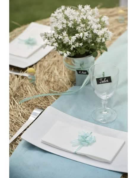 Mise en situation sur une serviette de table des minis nœuds pour décoration en organdi turquoise