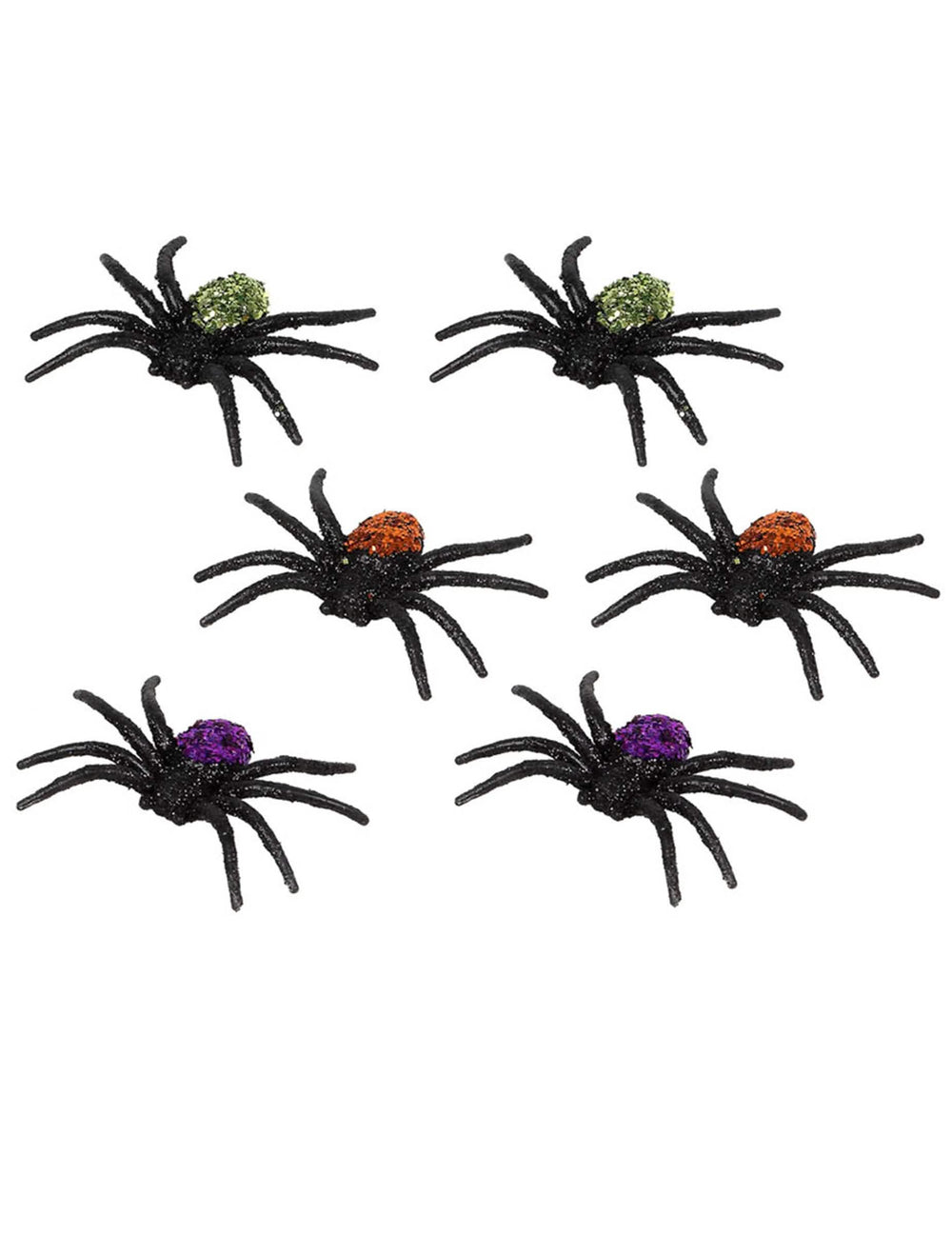 halloween-hämähäkit koristeeksi, mustat, vihreällä, oranssilla ja violetilla selällä