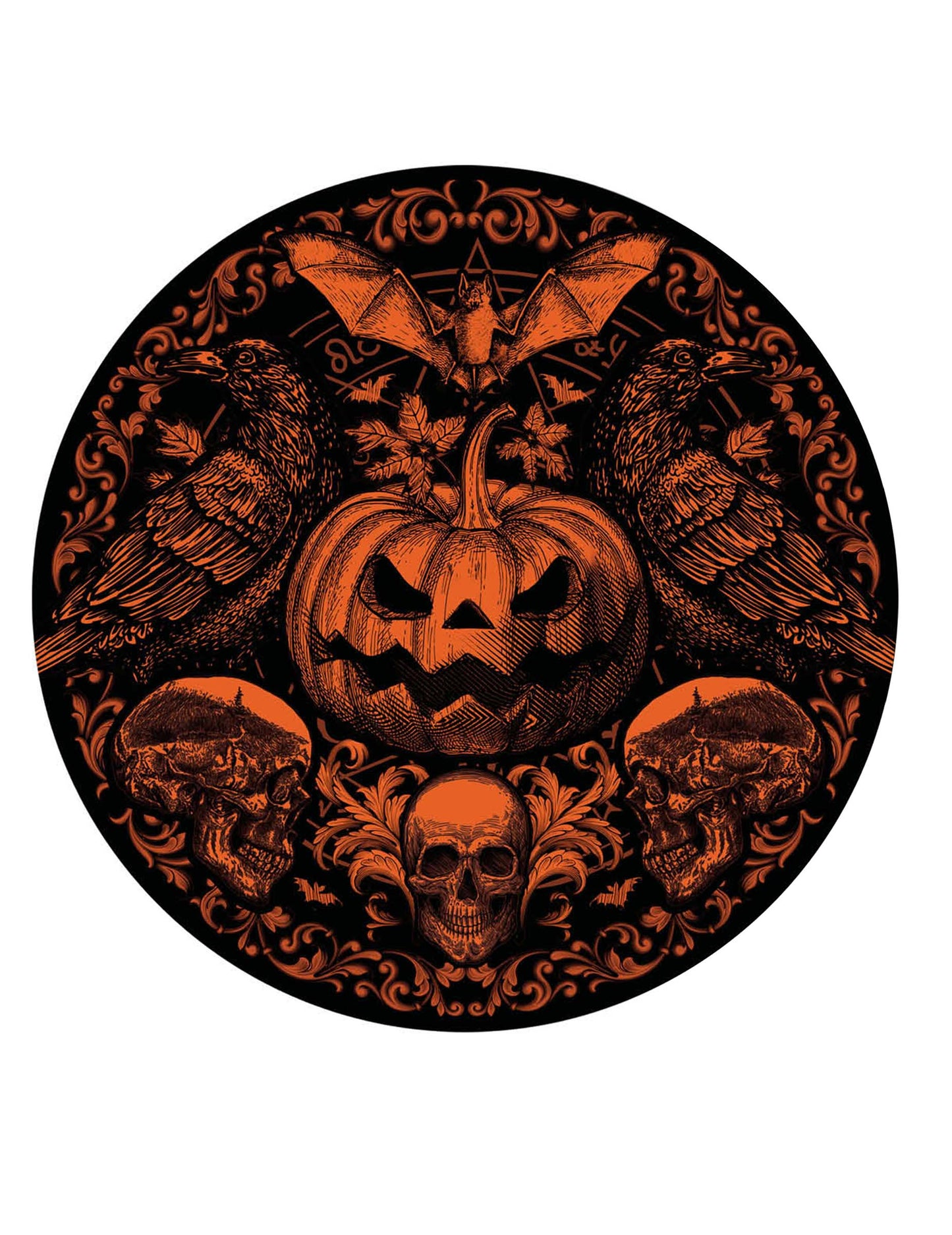 Assiette citrouille gothique orange et noir avec motifs de crânes et corbeaux