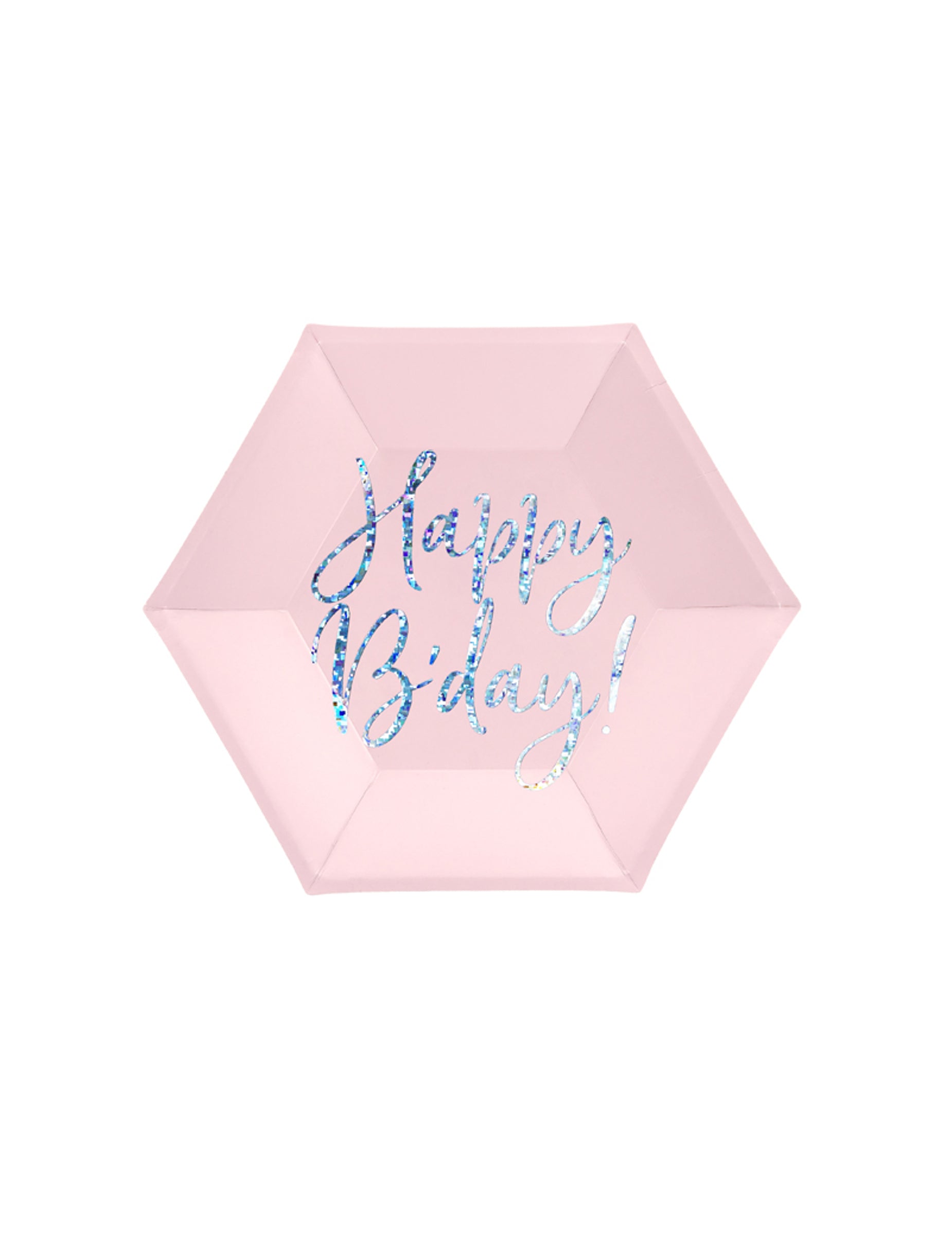 Assiettes en carton Happy B'day rose iridescent hexagonales