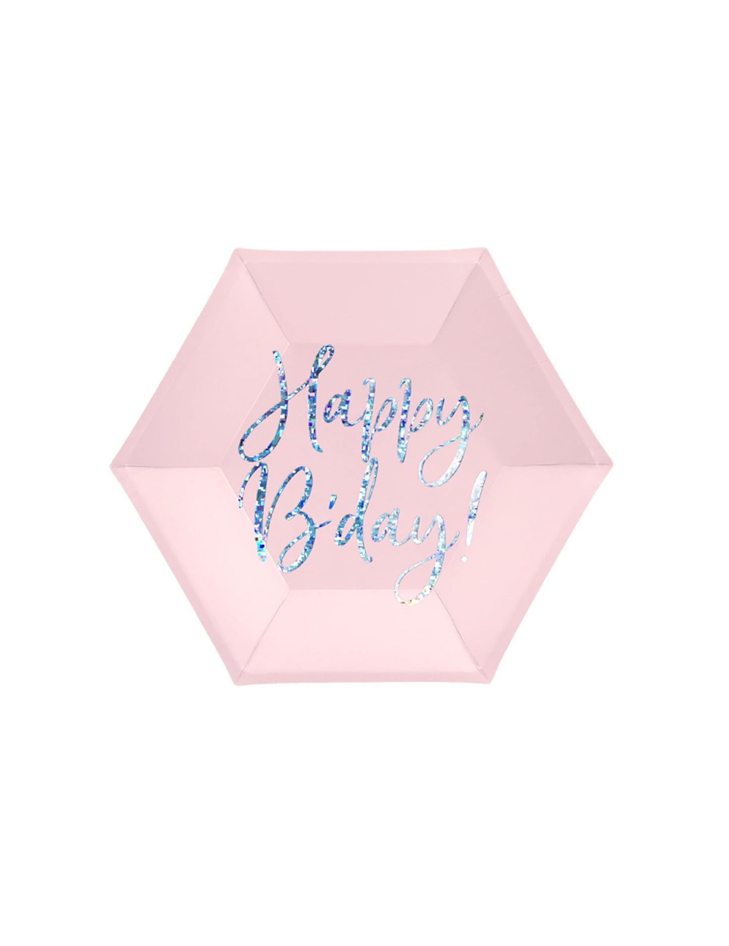 Assiettes en carton Happy B'day rose iridescent hexagonales