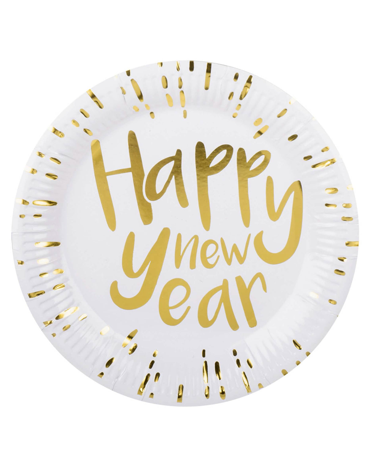 Assiettes en carton Happy New Year pour le réveillon blanches et dorées