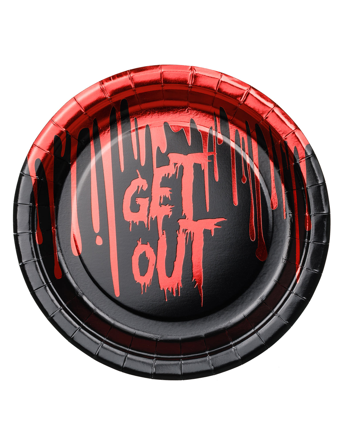 6 Veristä Get Out -pahvilautasta 18 cm