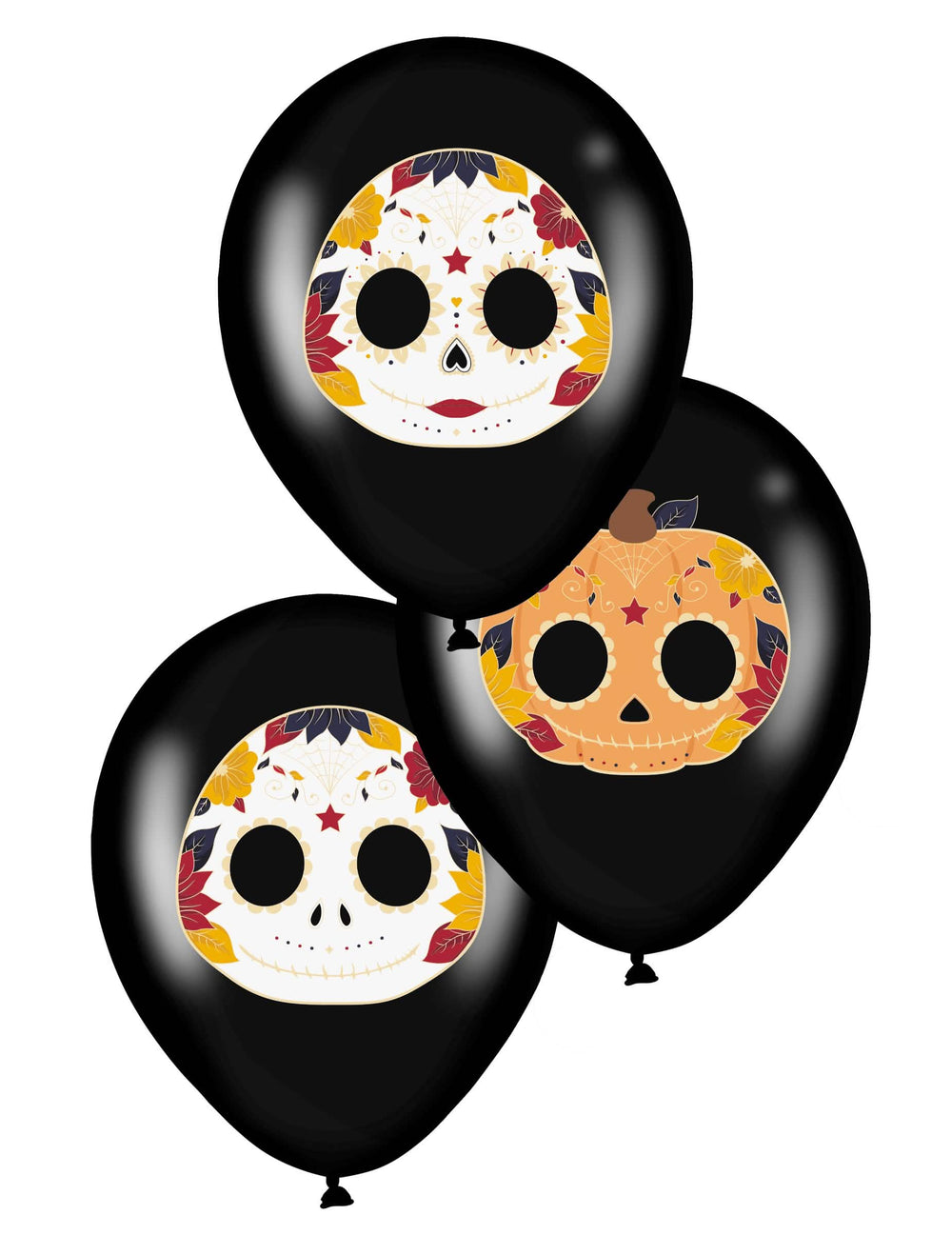 Lateksiset ilmapallot Dia de los Muertos -juhliin, mustat, värikkäillä pääkallokuvioilla