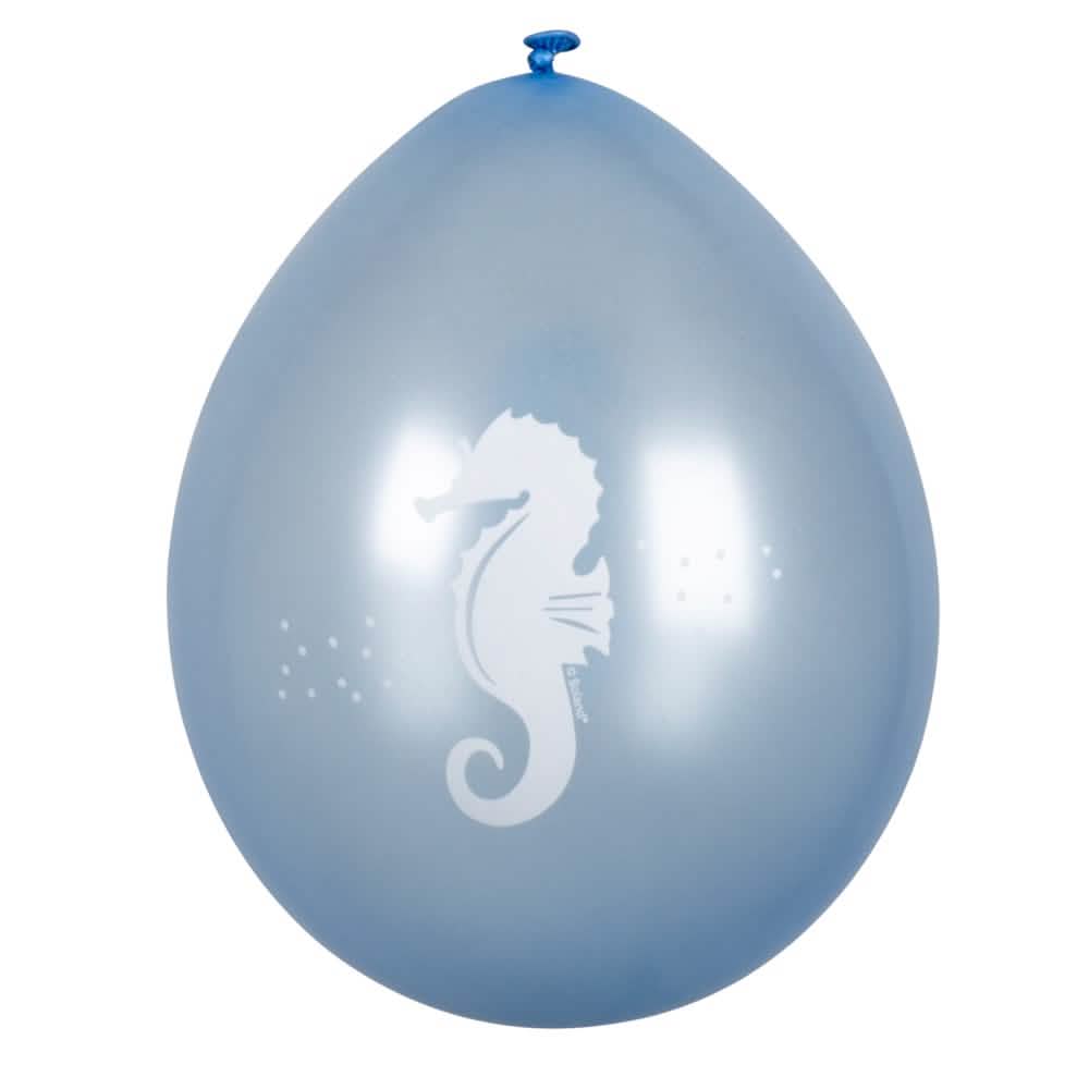 Sinisen ilmapallon näkymä, jossa on valkoinen merihevoskuvio Ballons Sirène Lagune -ilmapalloista