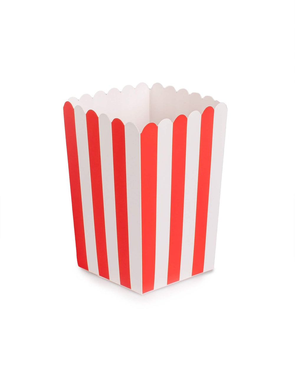 Punaiset ja valkoiset raidalliset pahviset popcorn-laatikot juhliin
