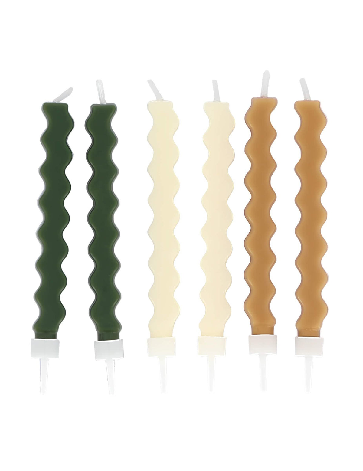 6 bougies zigzag décoration ondulées pour gâteau vertes crème et marron
