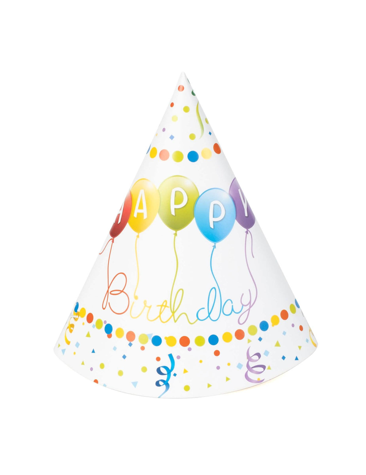 Juhlahattu Happy Birthday synttäreille valkoinen, jossa on moniväriset ilmapallot-kuviot