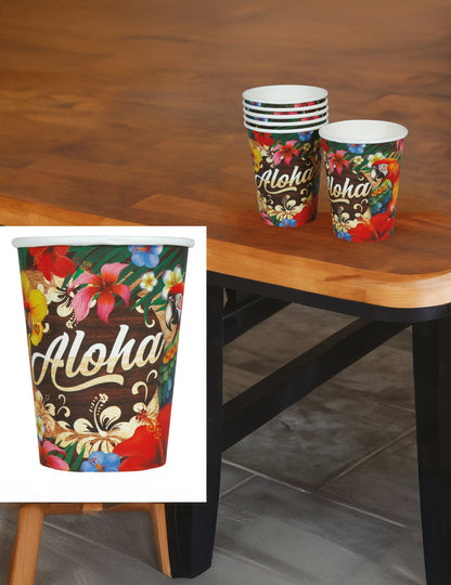 Mise en situation sur table et gros plan des gobelets Aloha Hawaï