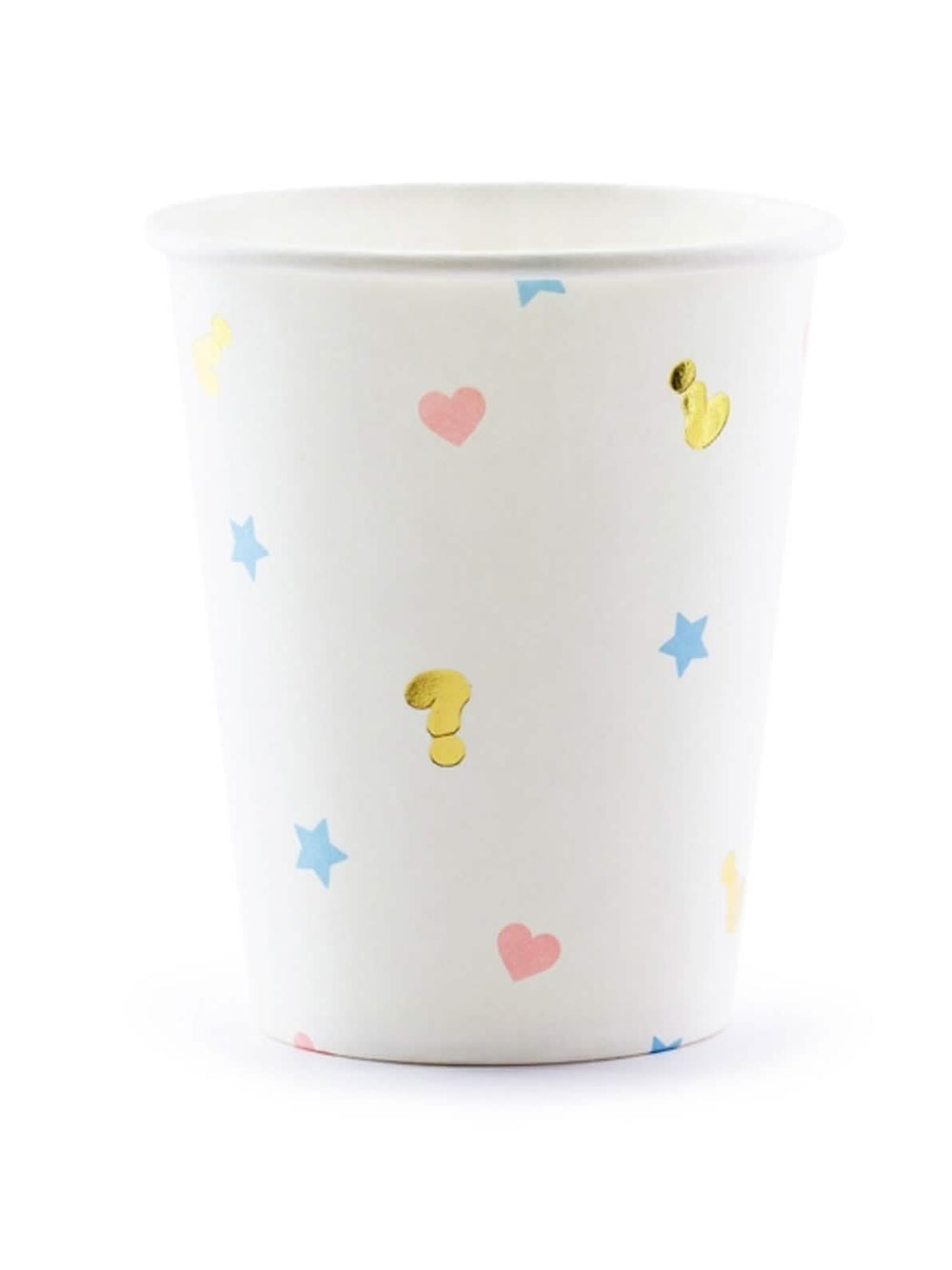 Gobelets en carton boy or girl pour baby shower blancs avec coeurs roses étoiles bleues et points d'interrogation dorés