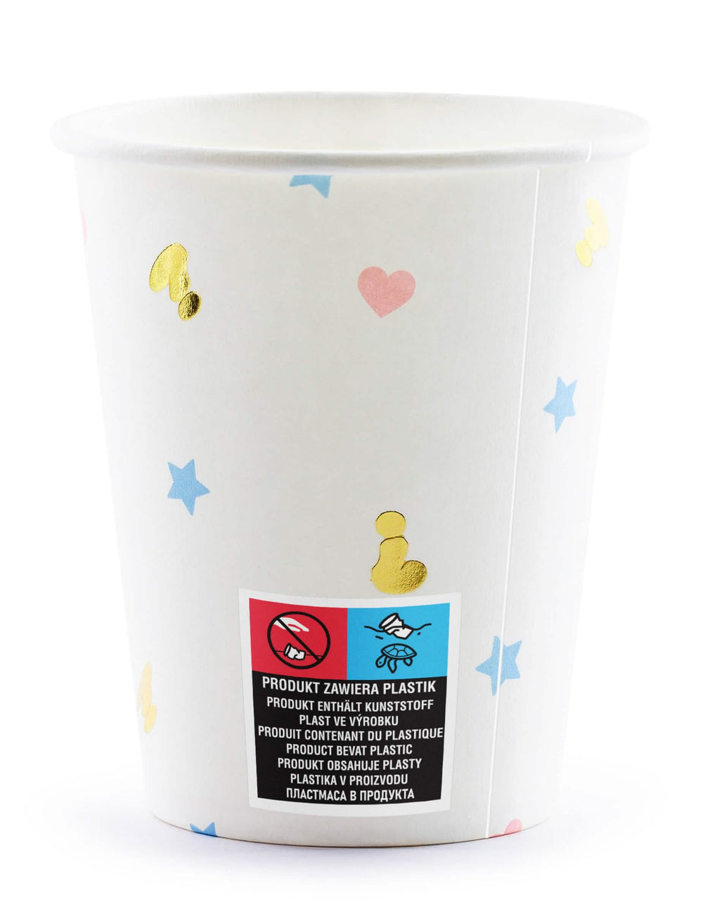 Vue de dos du gobelet en carton boy or girl pour baby shower