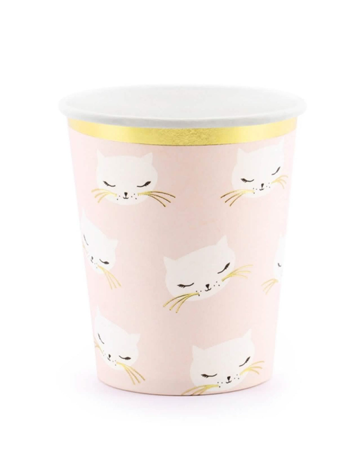 Pink and white kitten cardboard cups with gold border