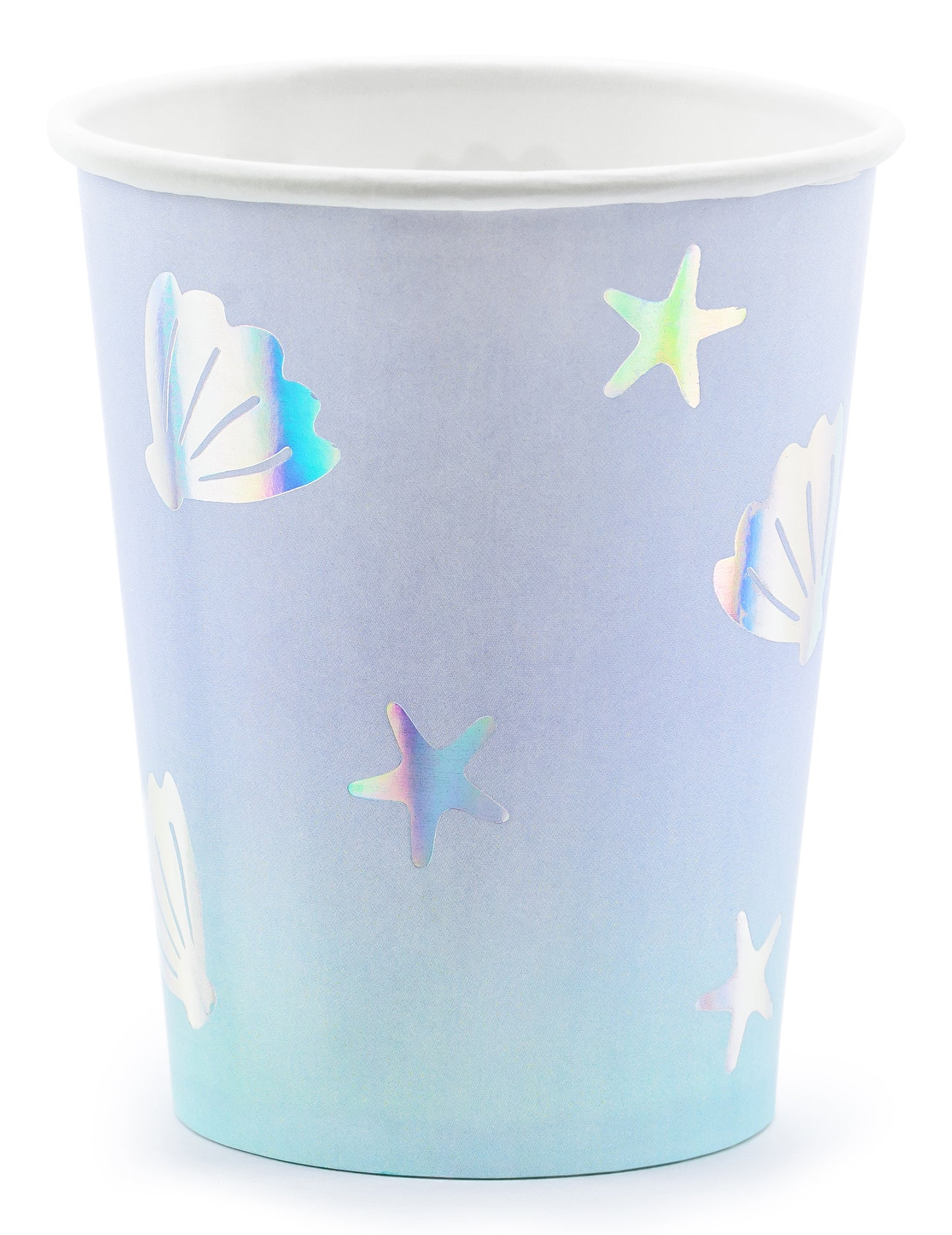 Gobelet en carton licorne des mers bleu iridescent avec coquillages et étoiles de mer