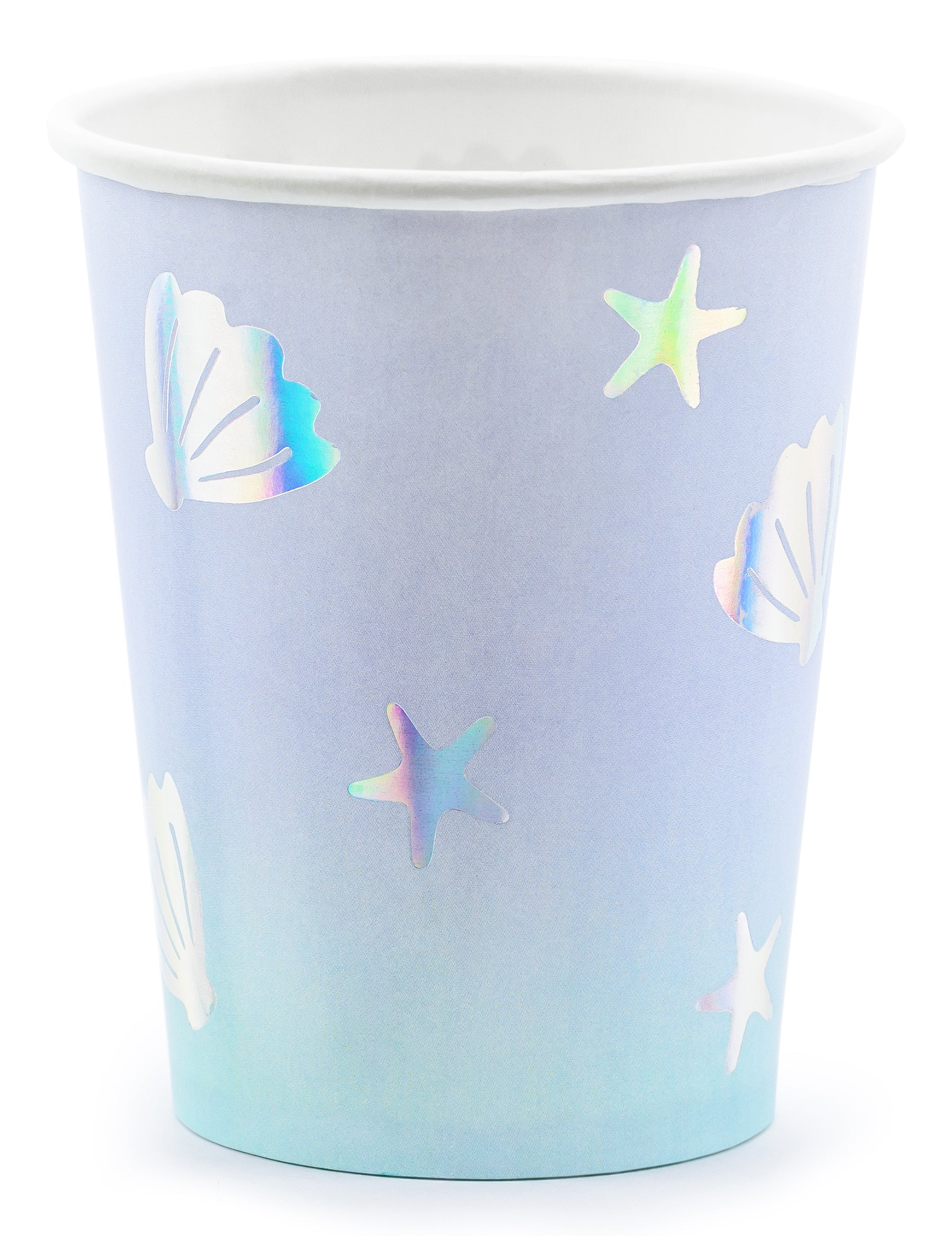 Gobelet en carton licorne des mers bleu iridescent avec coquillages et étoiles de mer