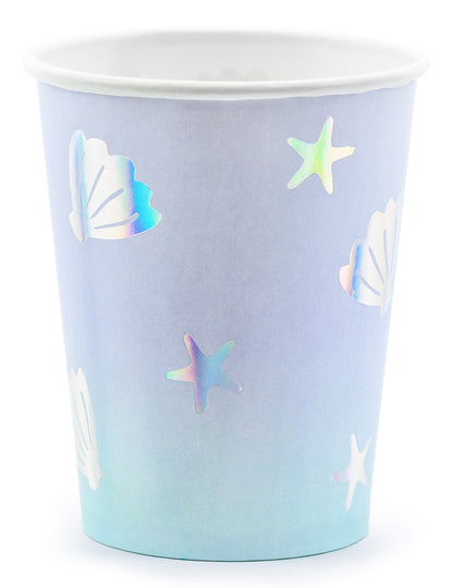 Gobelet en carton licorne des mers bleu iridescent avec coquillages et étoiles de mer