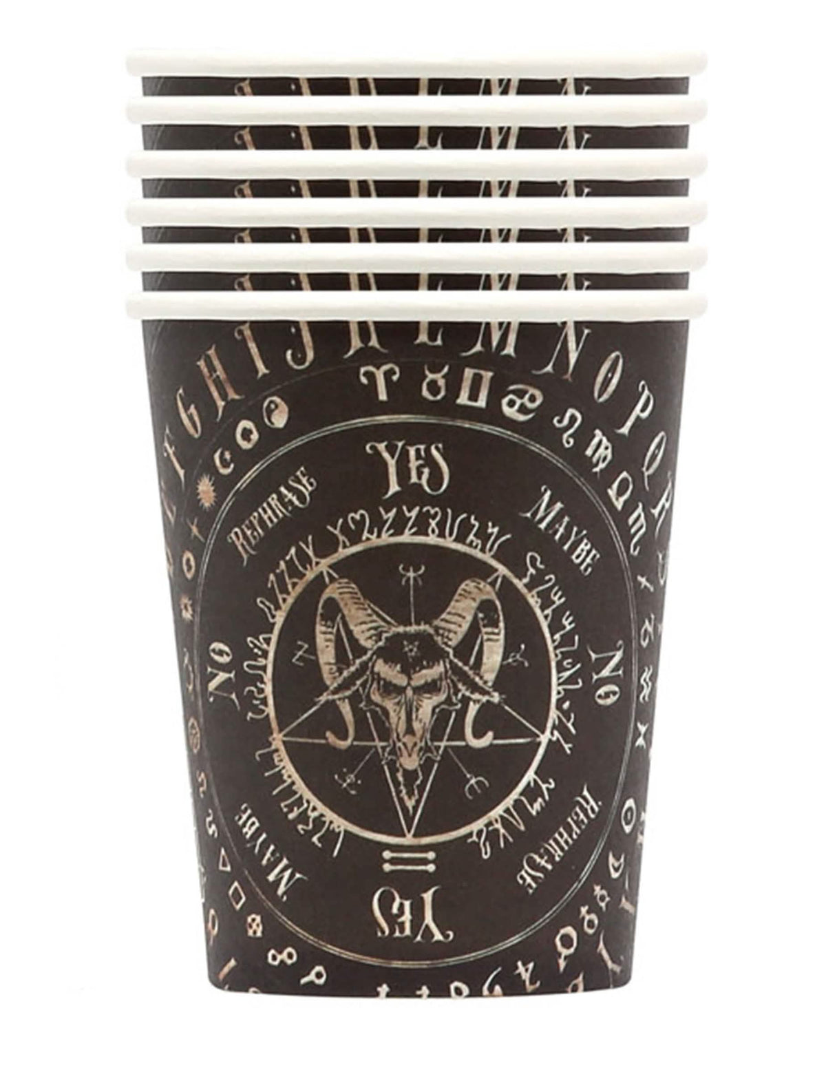 Gobelets en carton ouija pour fête noirs avec motif Baphomet et pentagramme
