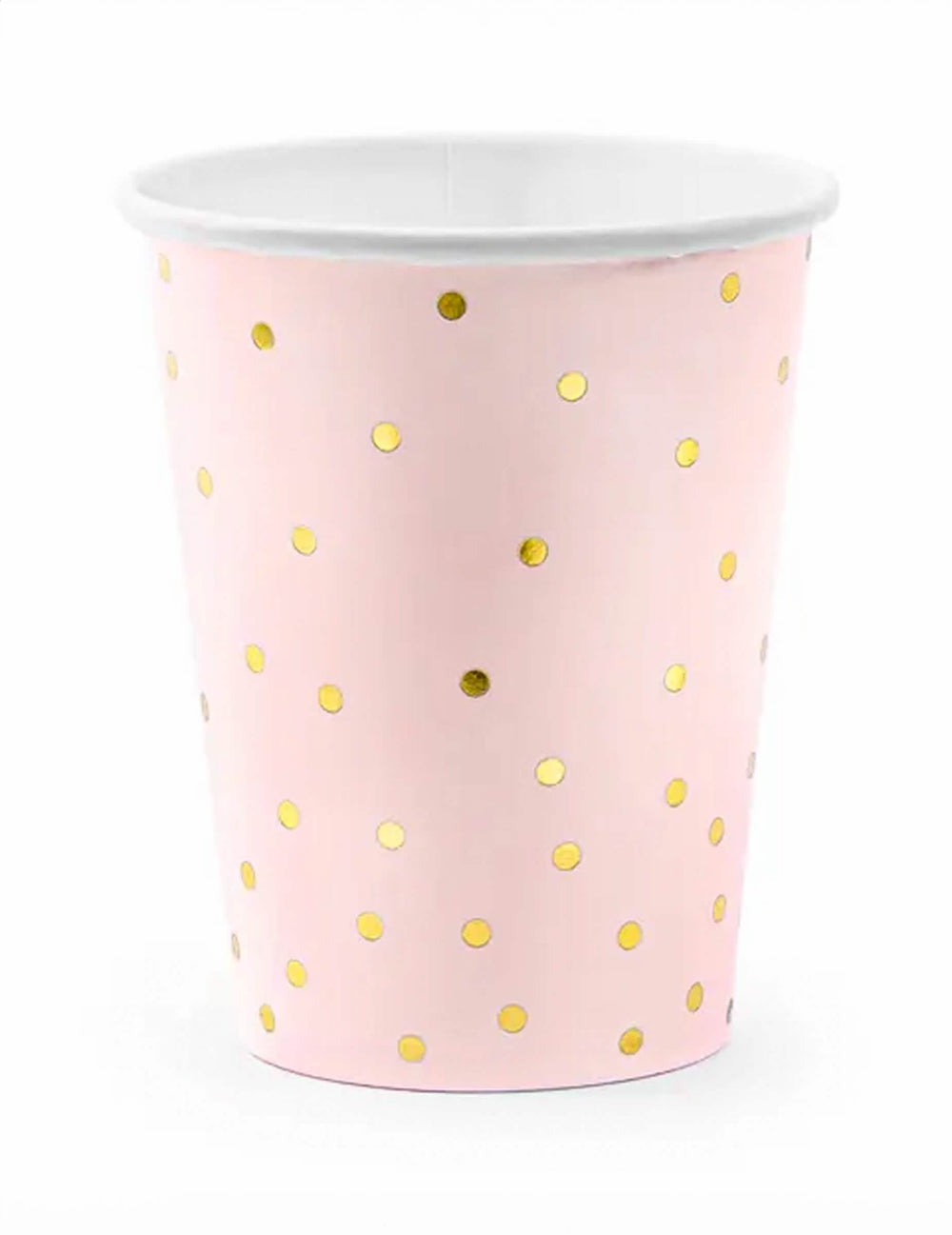 Gobelets en carton rose pâle et pois dorés pour fête rose et or