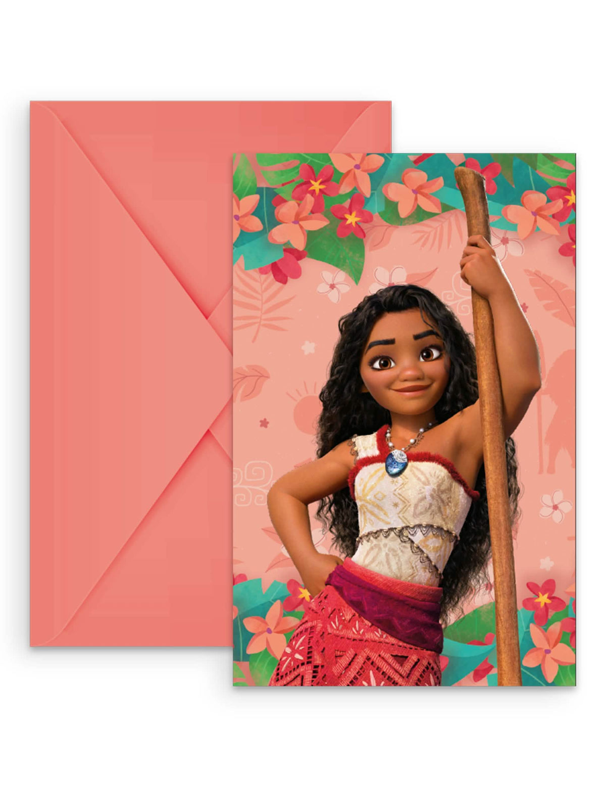 Invitations Vaiana 2 pour enfant corail avec enveloppe rose