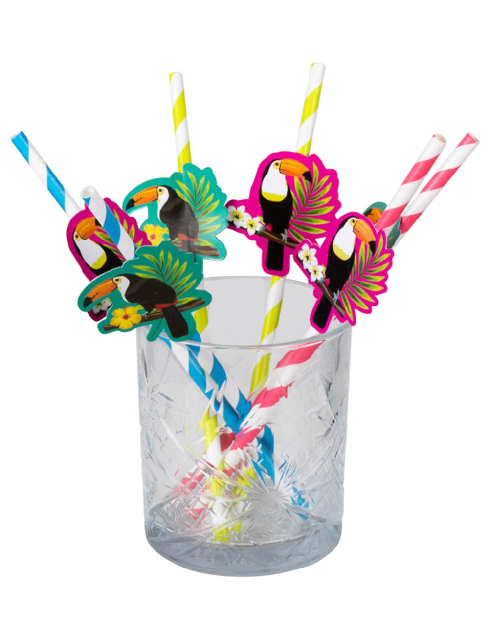 Mise en situation dans un verre des pailles en carton toucan pour fête
